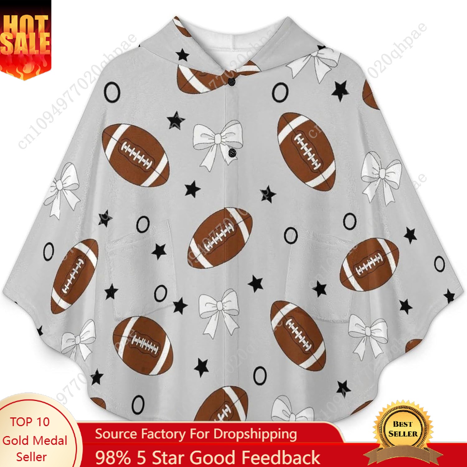 Hoodie Women Oversized - Cozy Flannel Blanket Sweater,Footballs Bows Stars