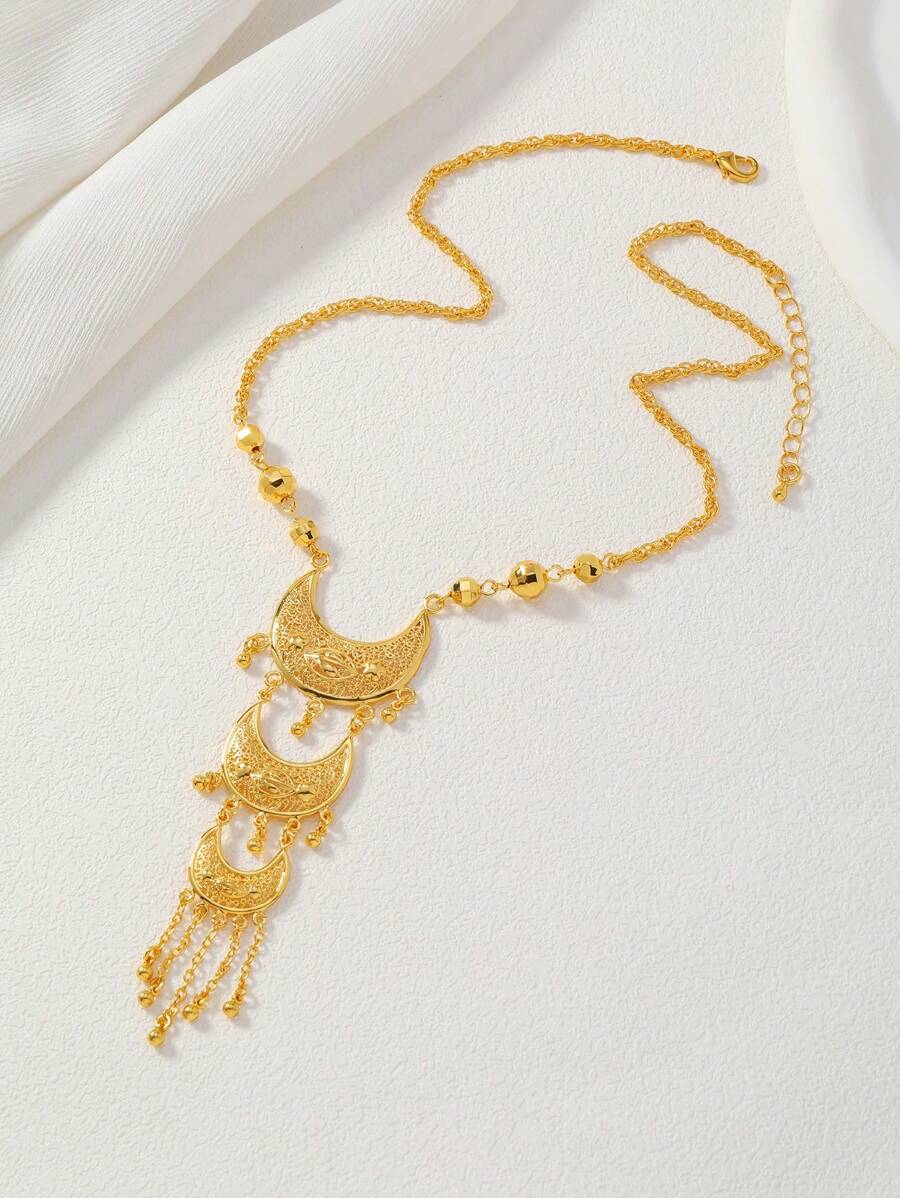Women'S Fashion Layering - Elegant Gold-Tone Crescent Moon Layered Pendant
