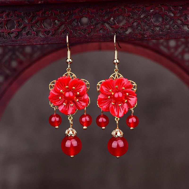 Red Jade Flower Earrings Jewel - Women Fashion Jewellery のレビューと価格