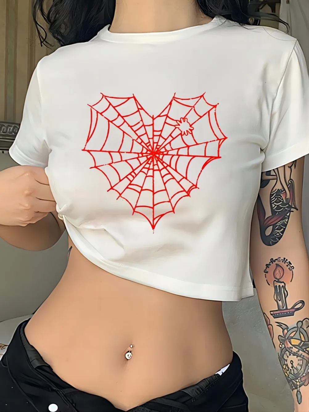 Spider Web Print Harajuku Aest - Women Fashion 80S のレビューと価格